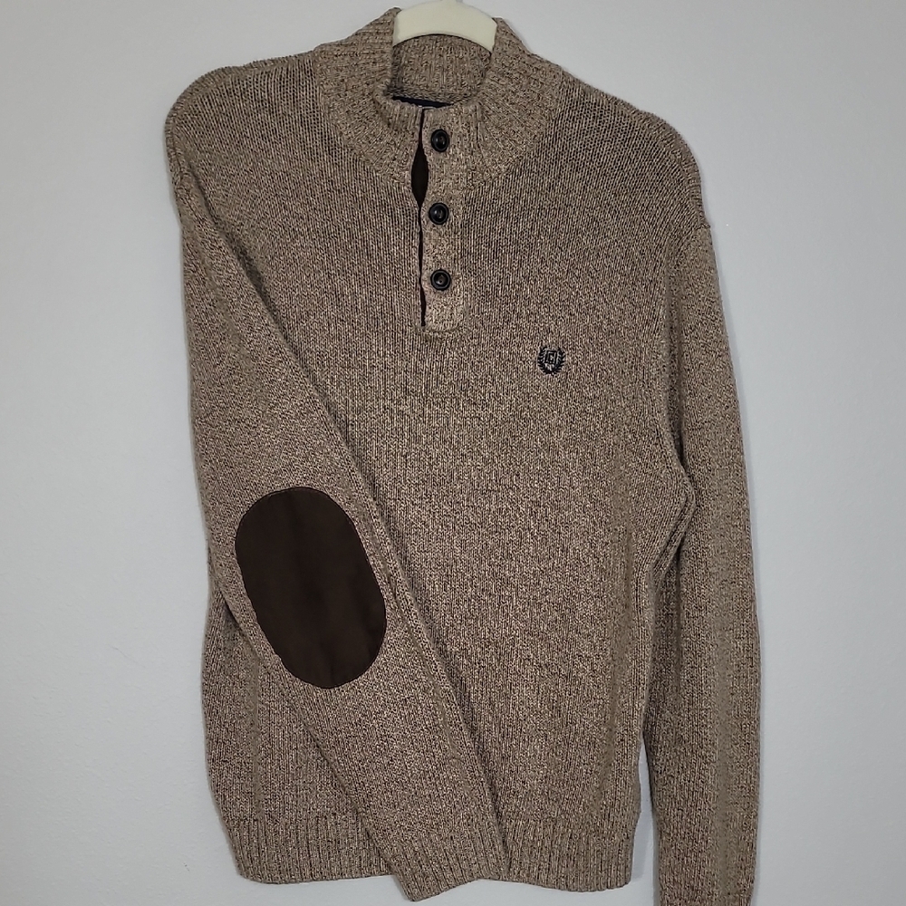 CHAPS Mens 100% Cotton Henley Sweater Size L Brown Mock Neck Elbow Patches Knit